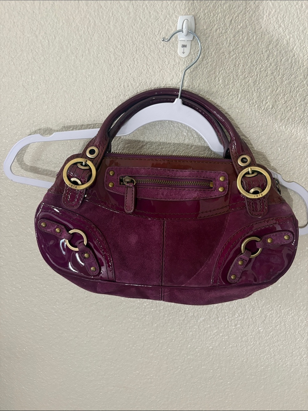 Rafe Plum Suede & Patent Shoulder Bag with Brass Rings